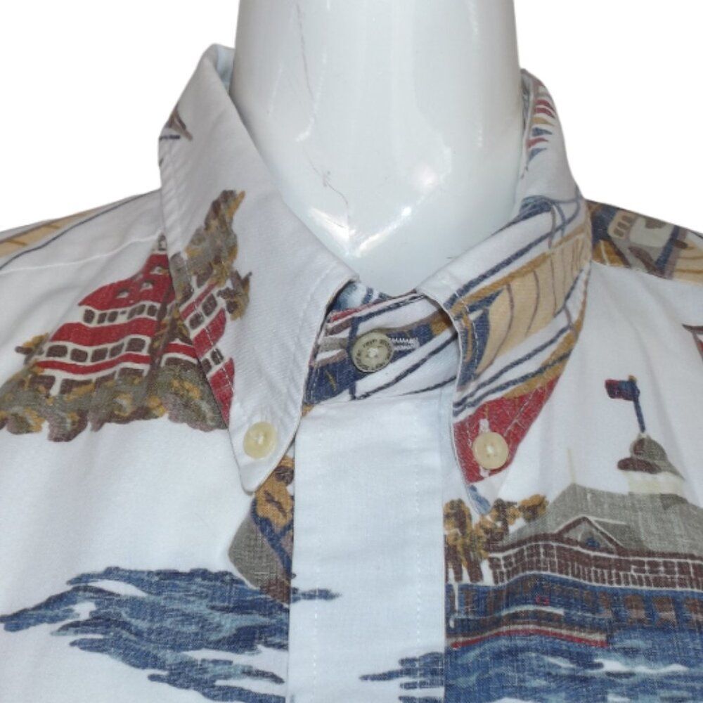 REYN SPOONER Hawaiian Shirt, XXL, White/Multicolor Sailboats, Cotton, Short slv - Picture 2 of 10